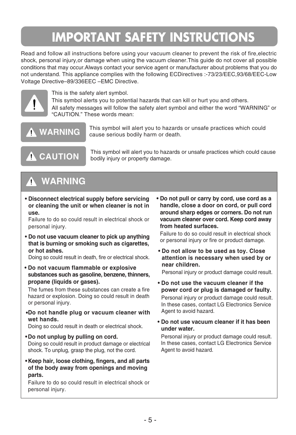 Important safety instructions, Warning, Caution | LG V-CR583STQC User Manual | Page 6 / 34