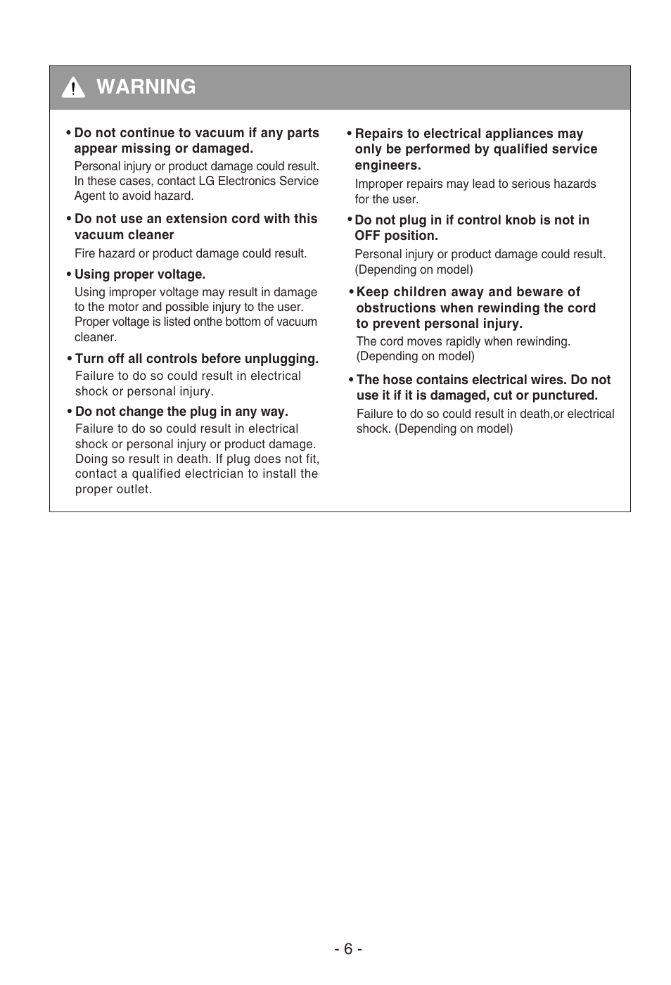 Warning | LG V-CR583STQC User Manual | Page 7 / 34