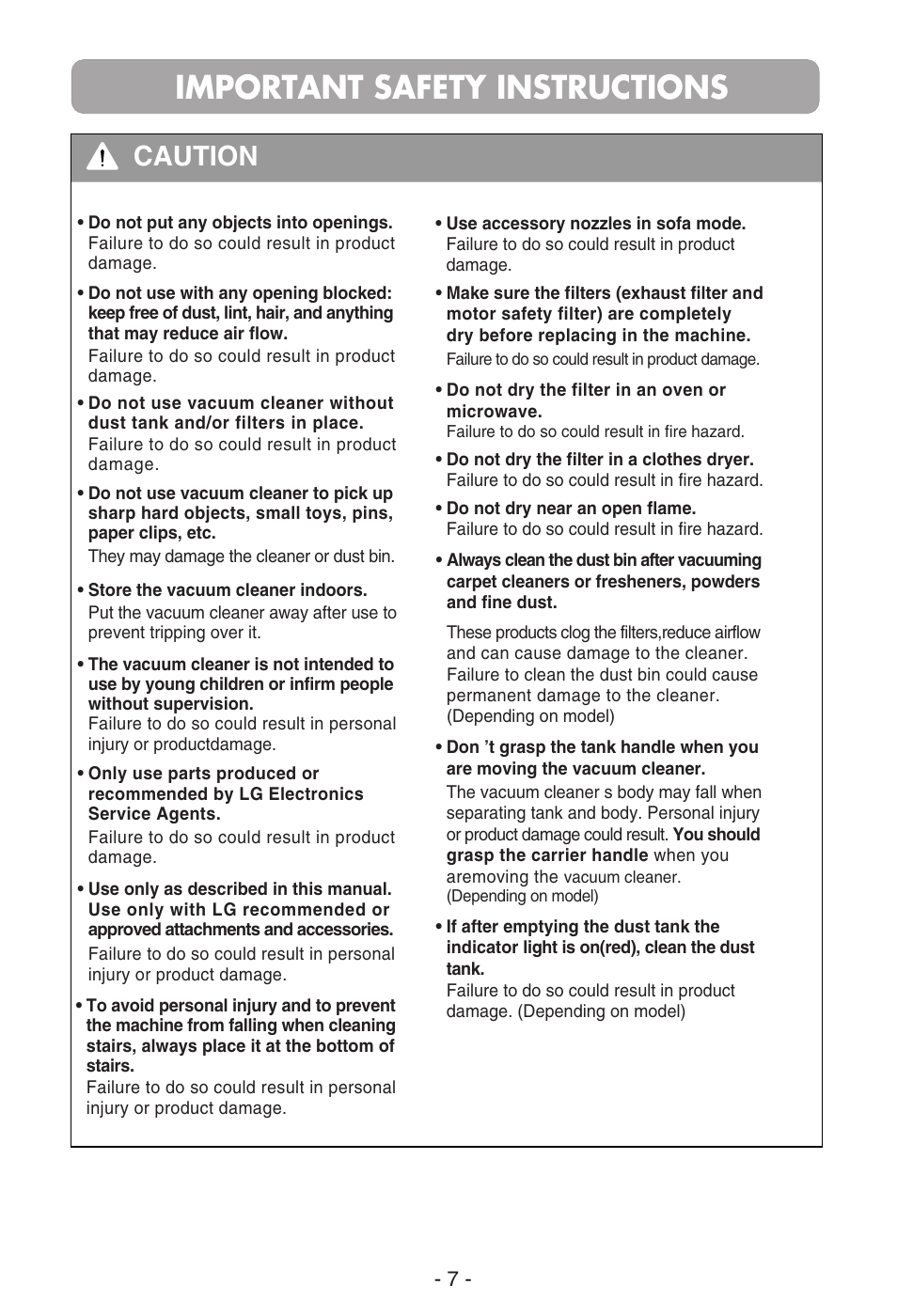 Important safety instructions, Caution | LG V-CR583STQC User Manual | Page 8 / 34