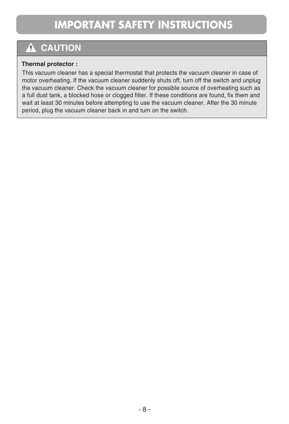 Important safety instructions, Caution | LG V-CR583STQC User Manual | Page 9 / 34