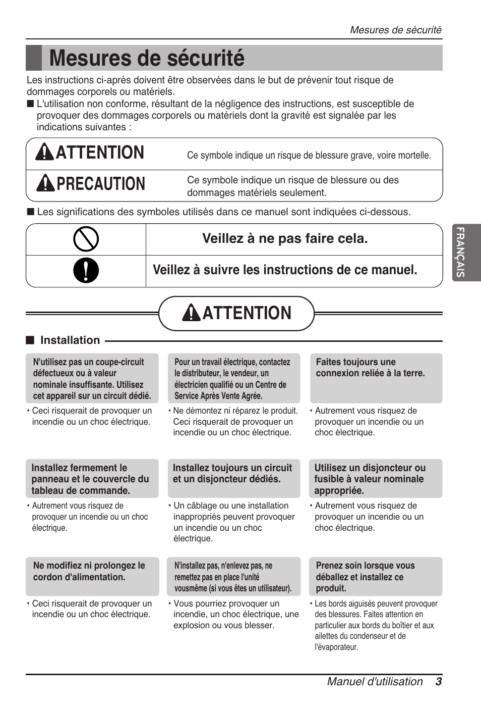 Mesures de sécurité, Attention precaution, Attention | LG MT11AH User Manual | Page 111 / 685
