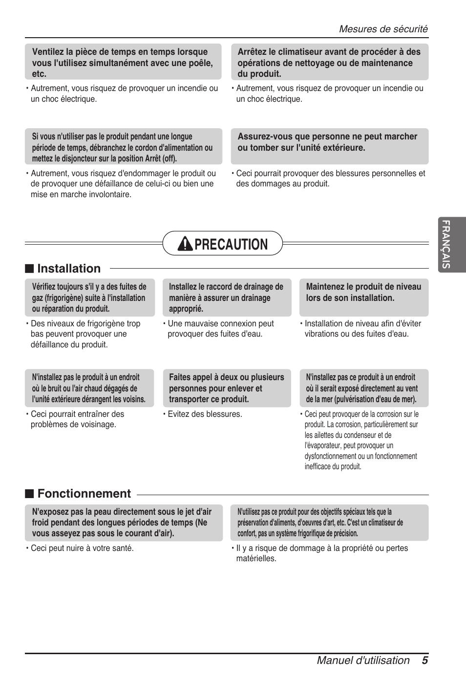 Precaution, Installation, Fonctionnement | LG MT11AH User Manual | Page 113 / 685