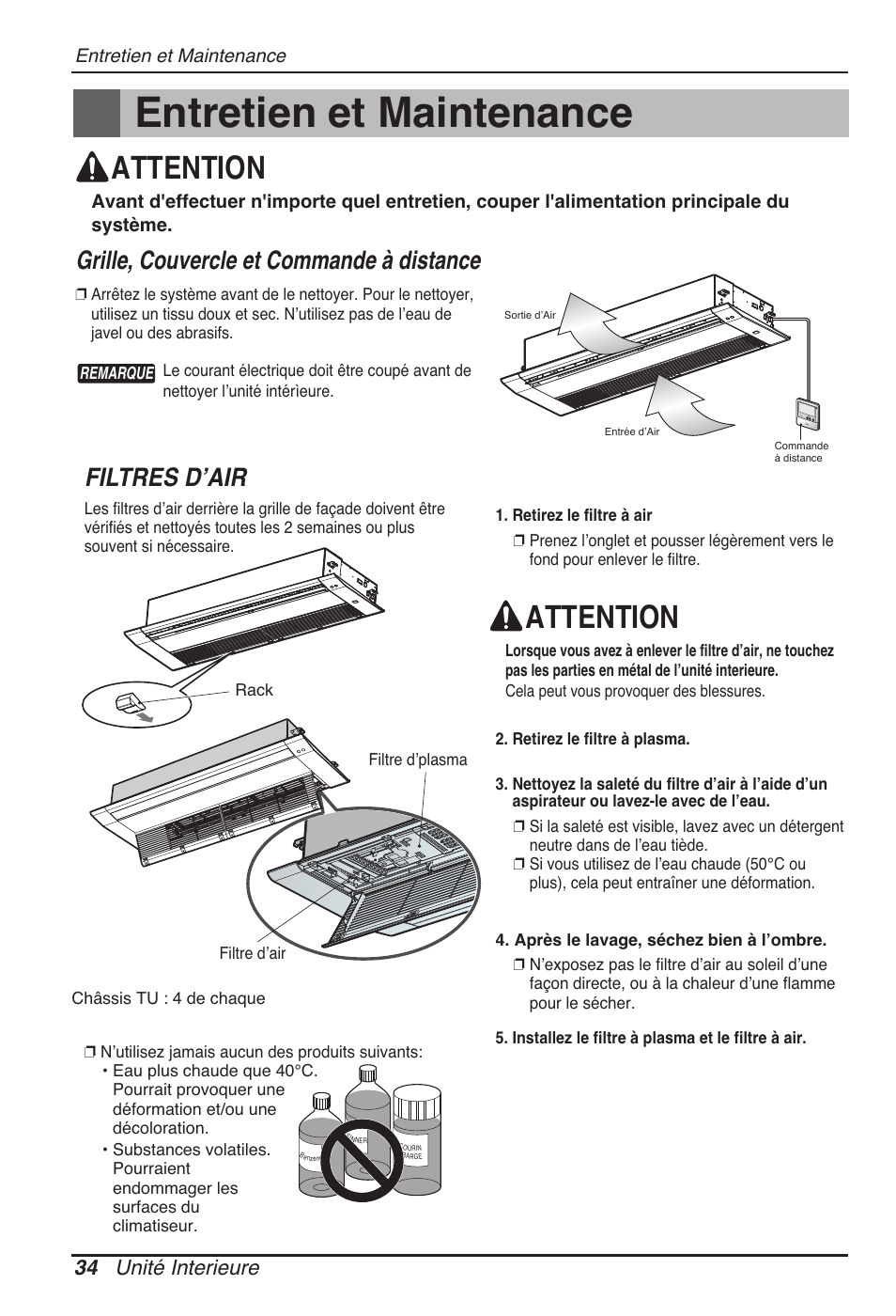 Entretien et maintenance, Attention, Filtres d’air | Grille, couvercle et commande à distance, 34 unité interieure | LG MT11AH User Manual | Page 142 / 685