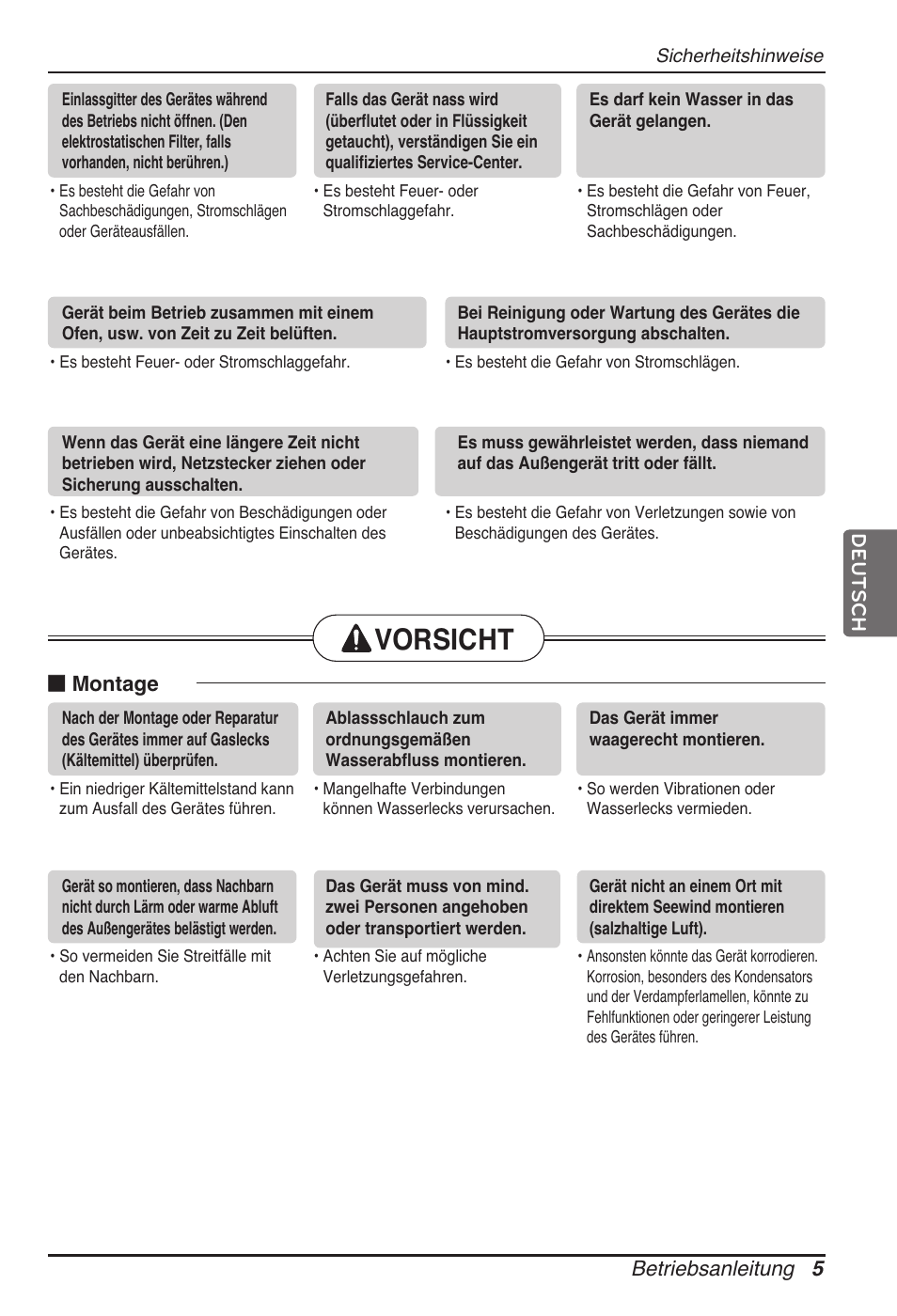 Vorsicht, Betriebsanleitung 5 deutsch, Montage | LG MT11AH User Manual | Page 149 / 685