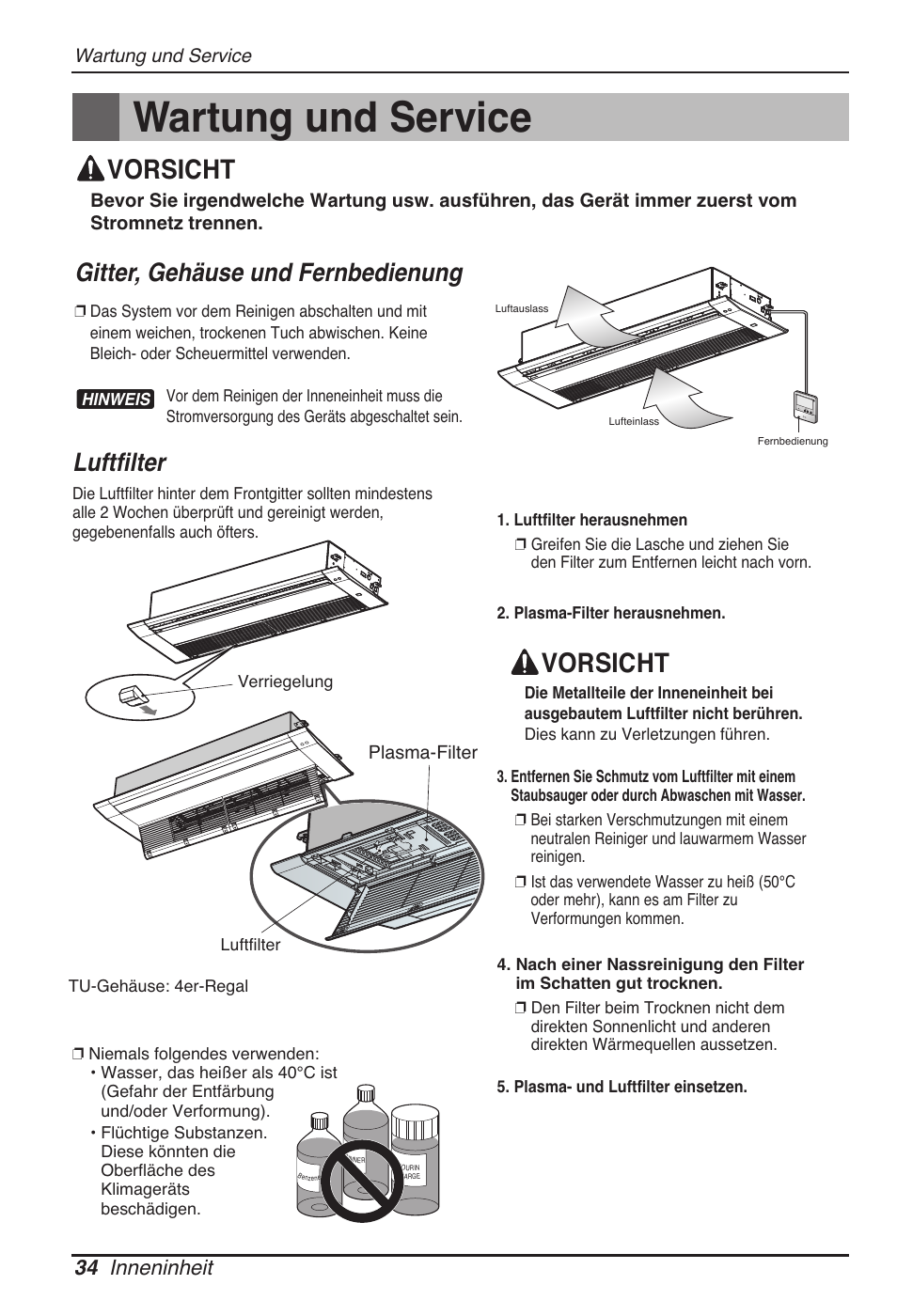 Wartung und service, Vorsicht, Luftfilter | Gitter, gehäuse und fernbedienung, 34 inneninheit | LG MT11AH User Manual | Page 178 / 685