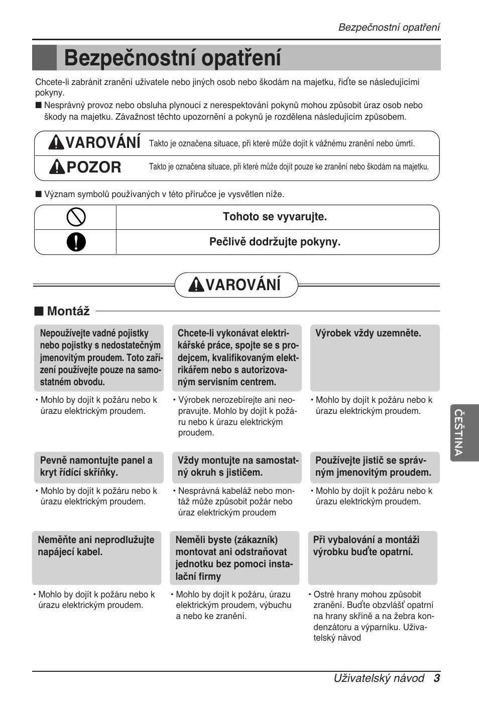 Bezpečnostní opatření, Varování pozor, Varování | Montáž | LG MT11AH User Manual | Page 219 / 685