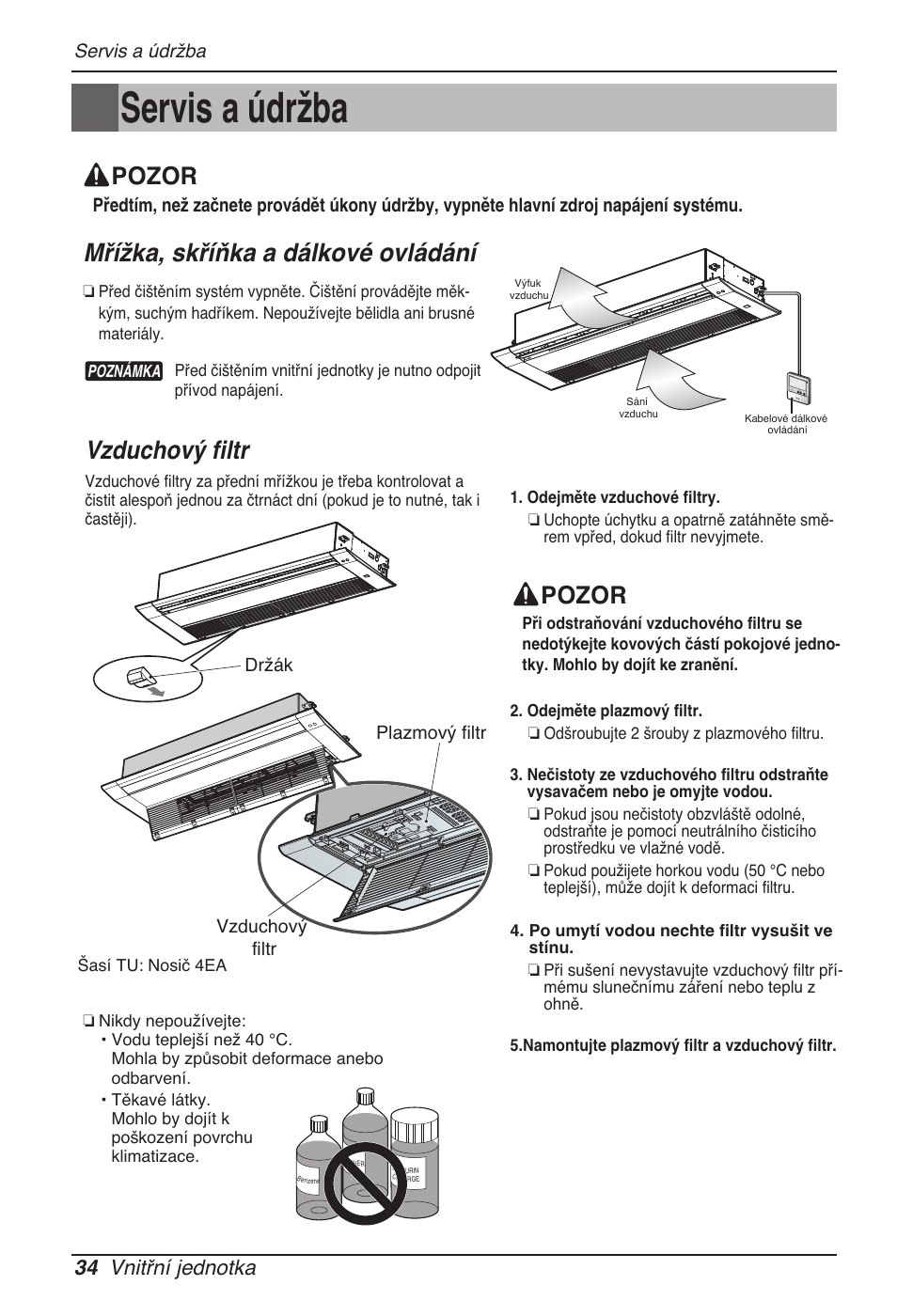 Servis a údržba, Mřížka, skříňka a dálkové ovládání, Vzduchový filtr | Pozor, 34 vnitřní jednotka | LG MT11AH User Manual | Page 250 / 685