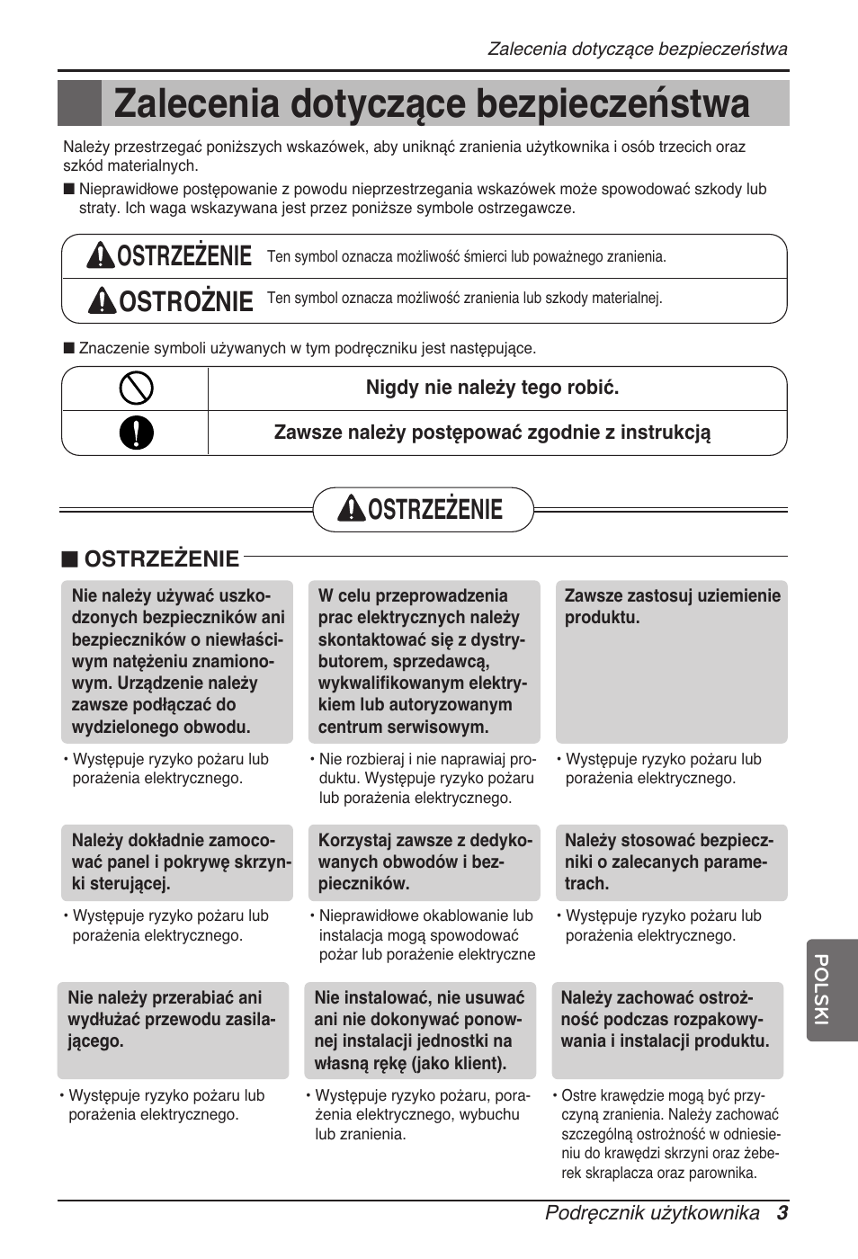 Zalecenia dotyczące bezpieczeństwa, Ostrzeżenie ostrożnie, Ostrzeżenie | LG MT11AH User Manual | Page 291 / 685