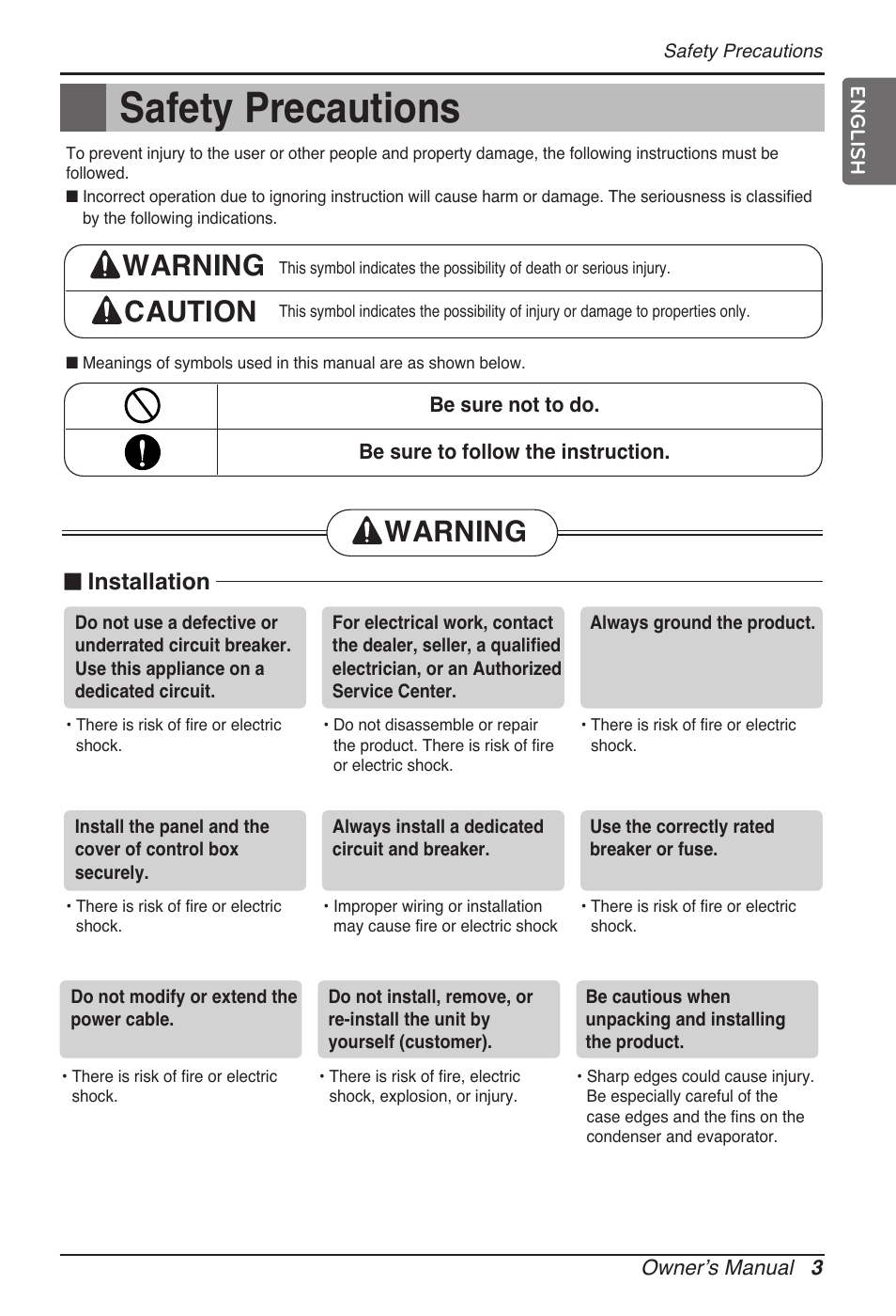 Safety precautions, Warning caution, Warning | Installation | LG MT11AH User Manual | Page 3 / 685