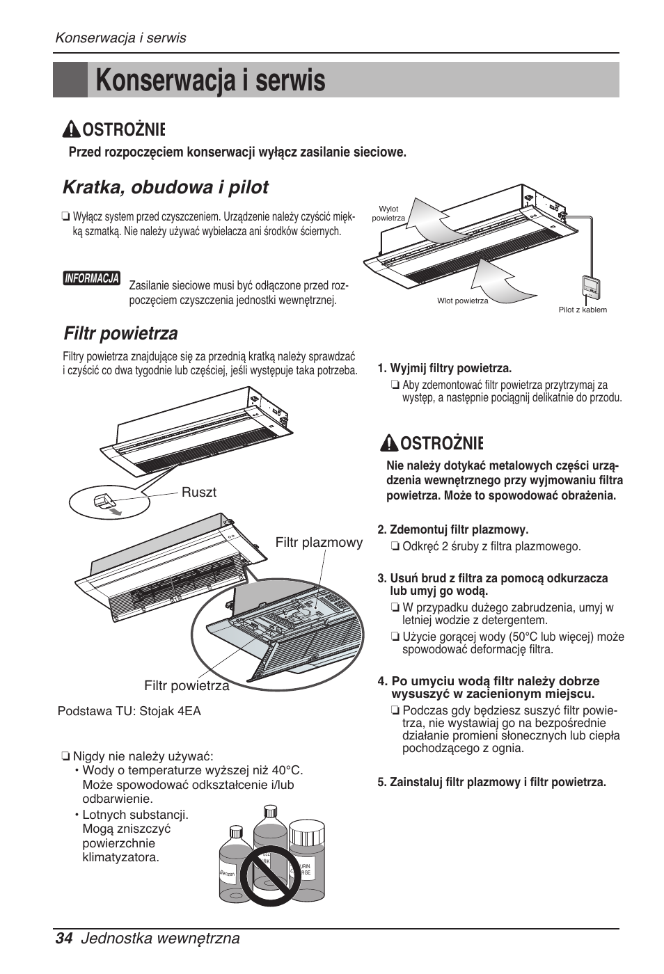 Konserwacja i serwis, Kratka, obudowa i pilot, Filtr powietrza | Ostrożnie, 34 jednostka wewnętrzna | LG MT11AH User Manual | Page 322 / 685