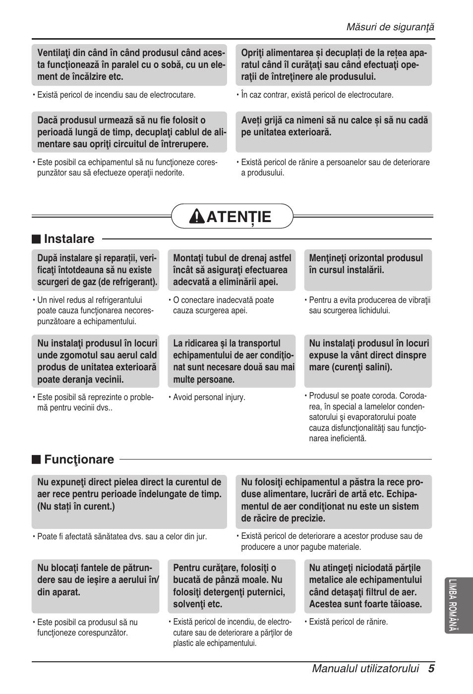 Atenție, Instalare, Funcţionare | LG MT11AH User Manual | Page 329 / 685