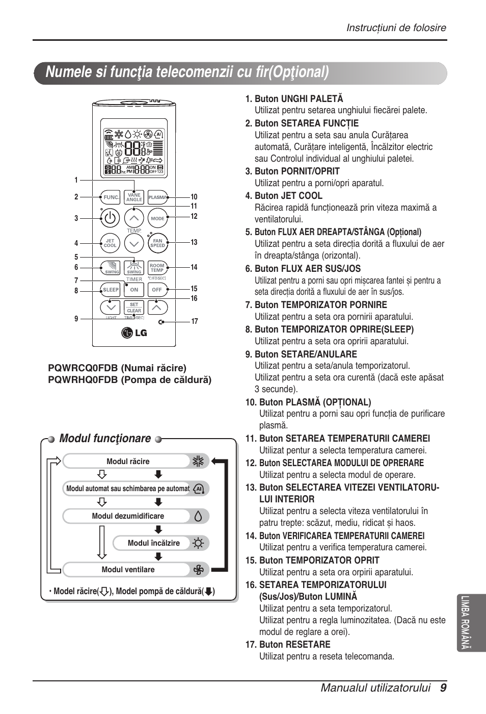 Numele si funcţia telecomenzii cu fir(opţional), Modul funcţionare, Manualul utilizatorului 9 | Limba română | LG MT11AH User Manual | Page 333 / 685