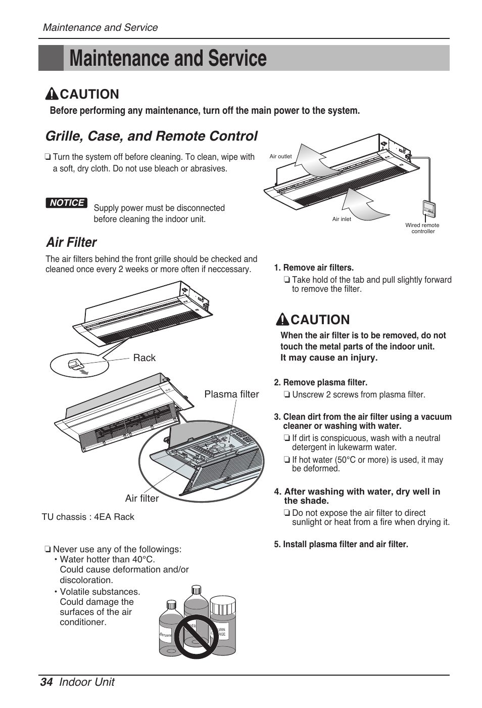 Maintenance and service, Grille, case, and remote control, Air filter | Caution, 34 indoor unit | LG MT11AH User Manual | Page 34 / 685