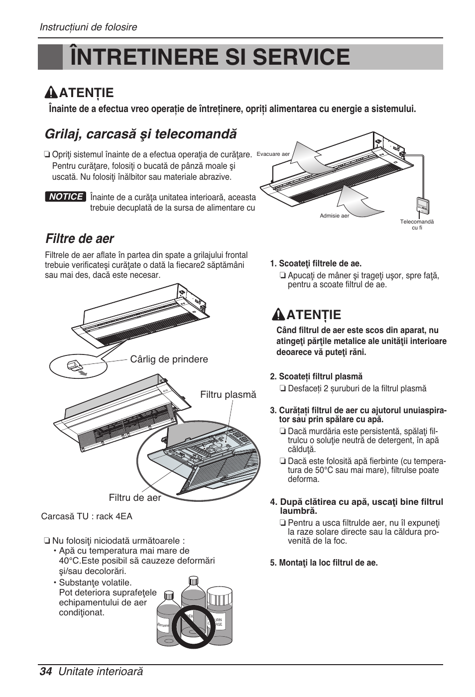 Întretinere si service, Grilaj, carcasă şi telecomandă, Filtre de aer | Atenție, 34 unitate interioară | LG MT11AH User Manual | Page 358 / 685