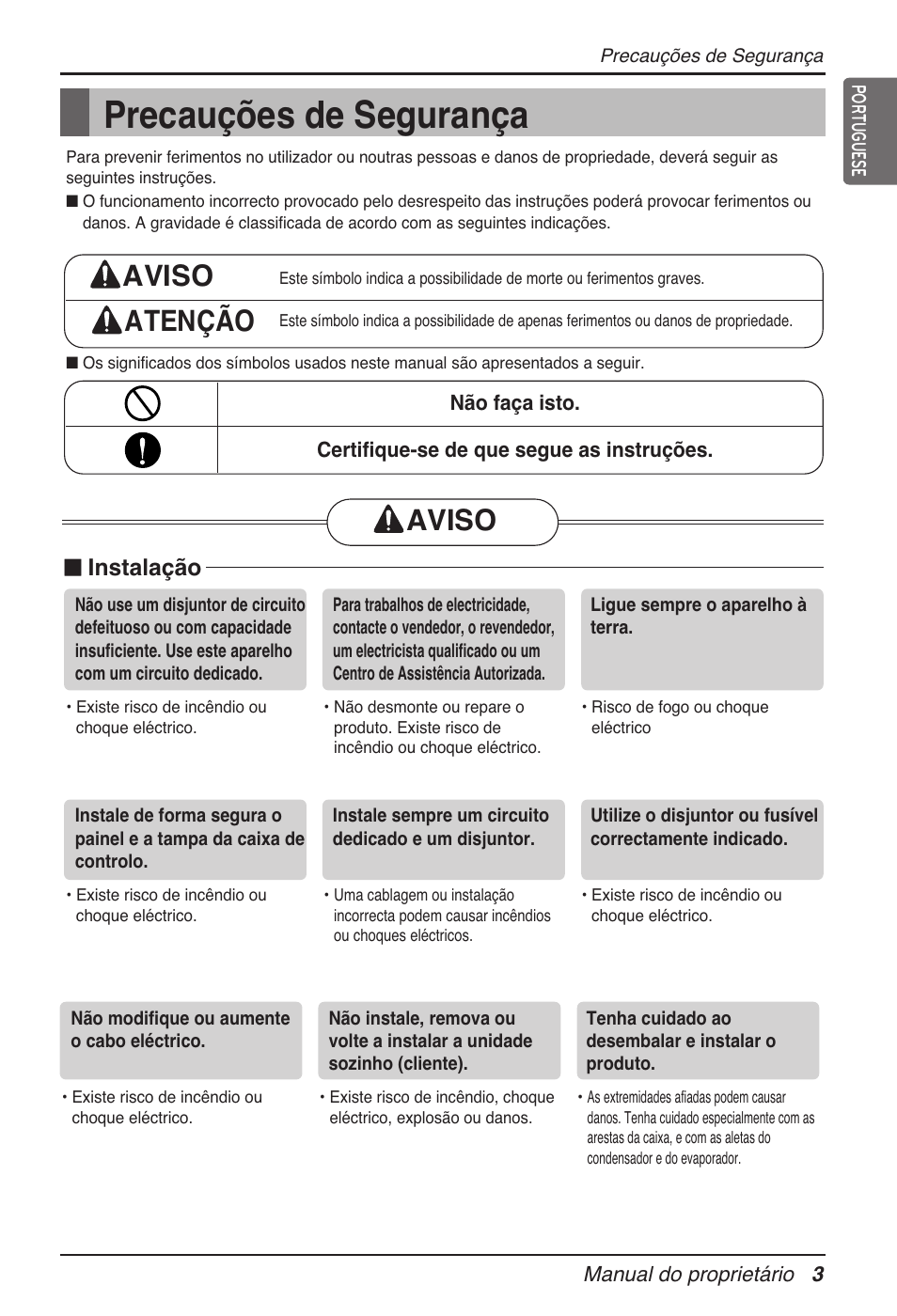 Precauções de segurança, Aviso atenção, Aviso | Instalação | LG MT11AH User Manual | Page 363 / 685