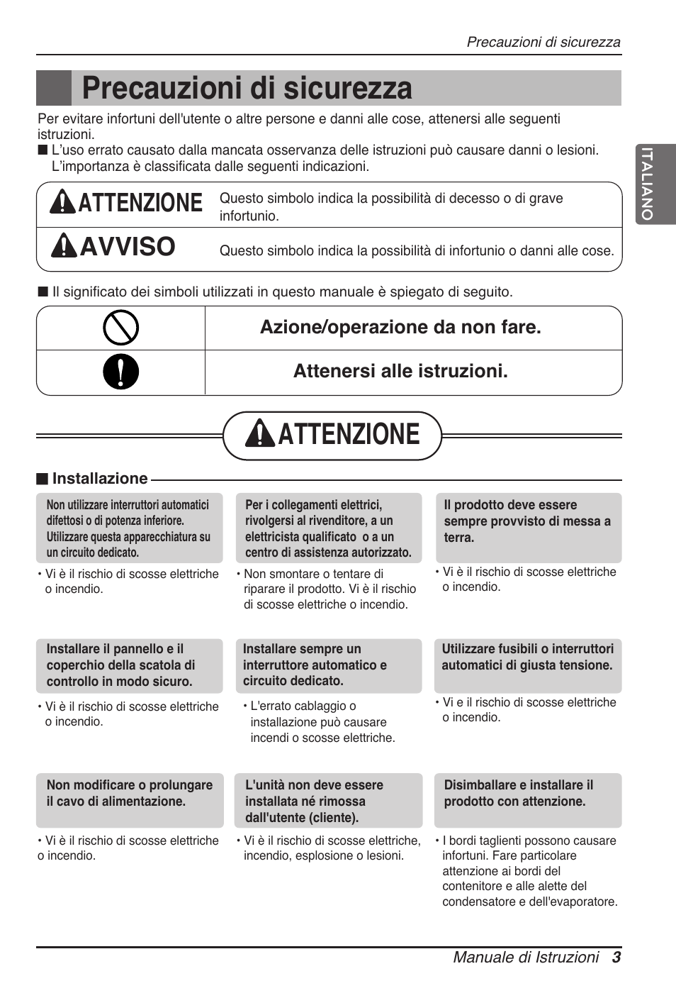 Precauzioni di sicurezza, Attenzione, Attenzione avviso | LG MT11AH User Manual | Page 39 / 685