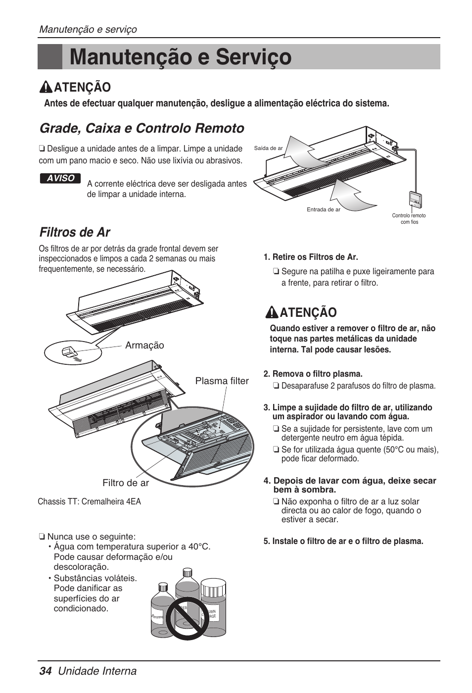 Manutenção e serviço, Grade, caixa e controlo remoto, Filtros de ar | Atenção, 34 unidade interna | LG MT11AH User Manual | Page 394 / 685