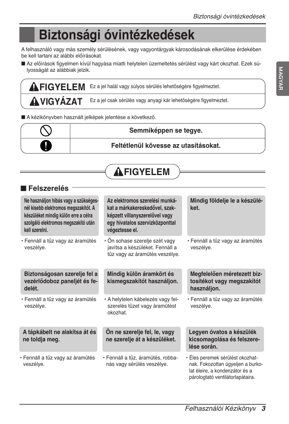 Biztonsági óvintézkedések, Figyelem vigyázat, Figyelem | Felszerelés | LG MT11AH User Manual | Page 399 / 685