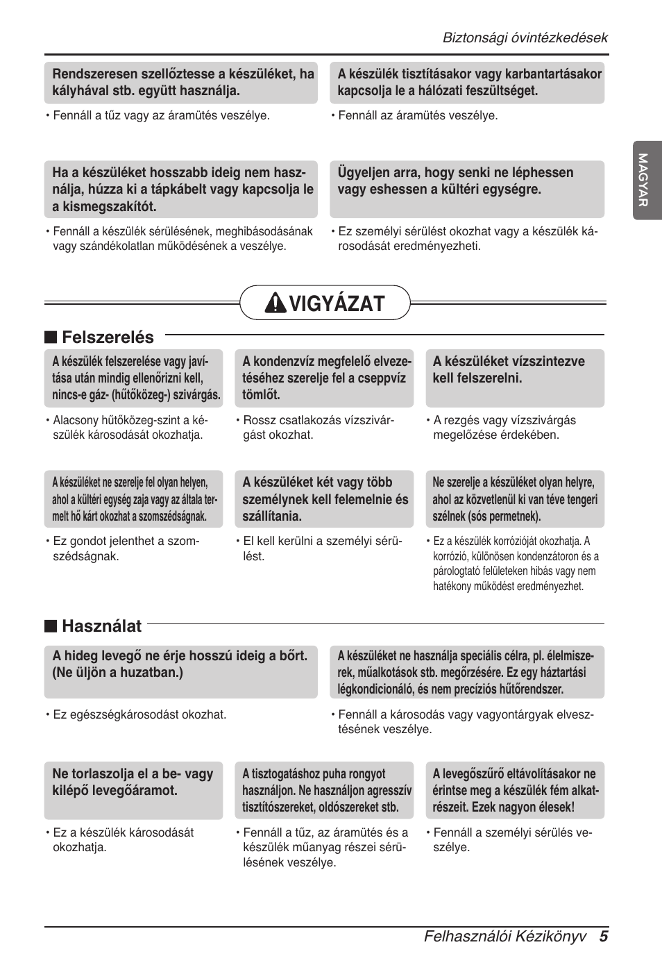 Vigyázat, Felszerelés, Használat | LG MT11AH User Manual | Page 401 / 685