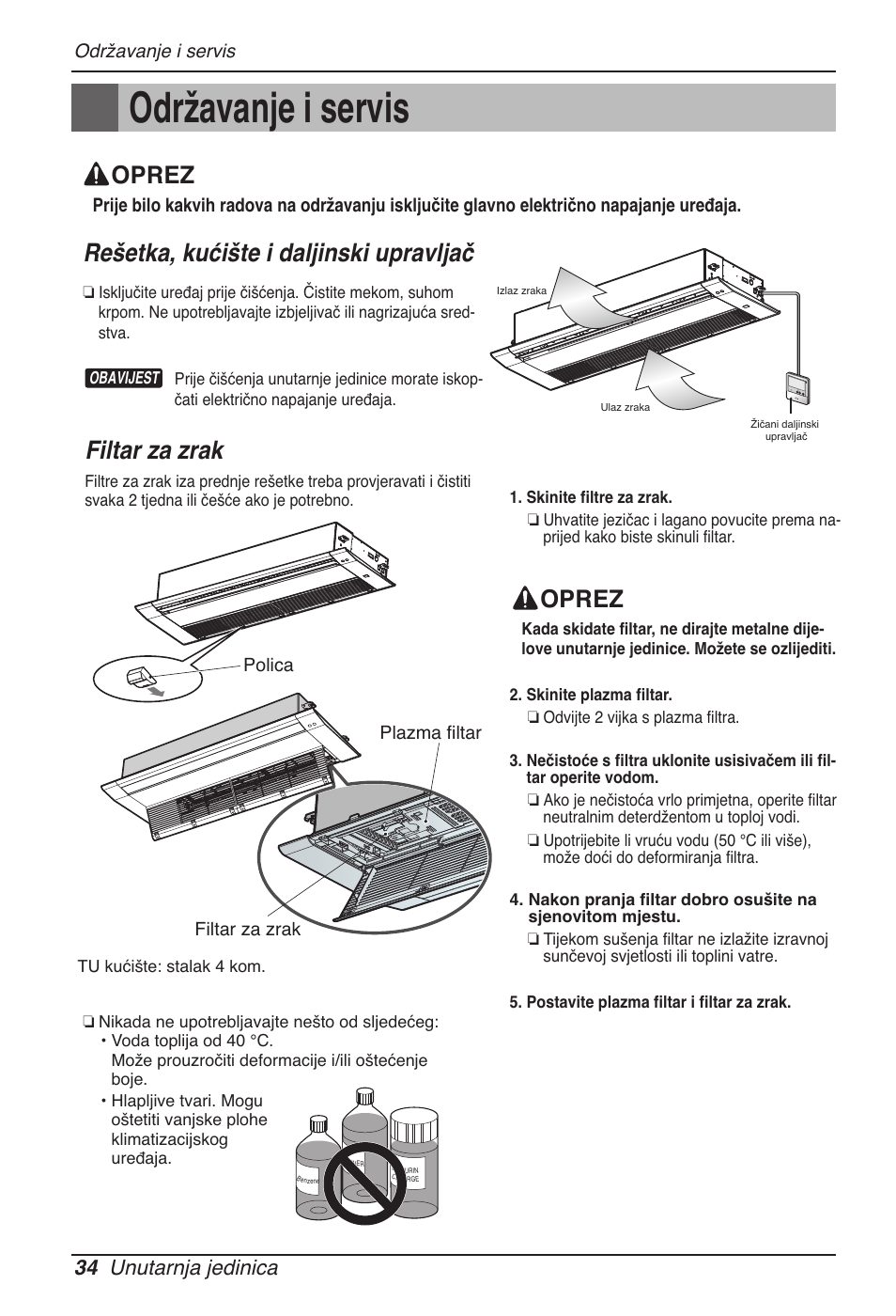 Održavanje i servis, Rešetka, kućište i daljinski upravljač, Filtar za zrak | Oprez, 34 unutarnja jedinica | LG MT11AH User Manual | Page 538 / 685