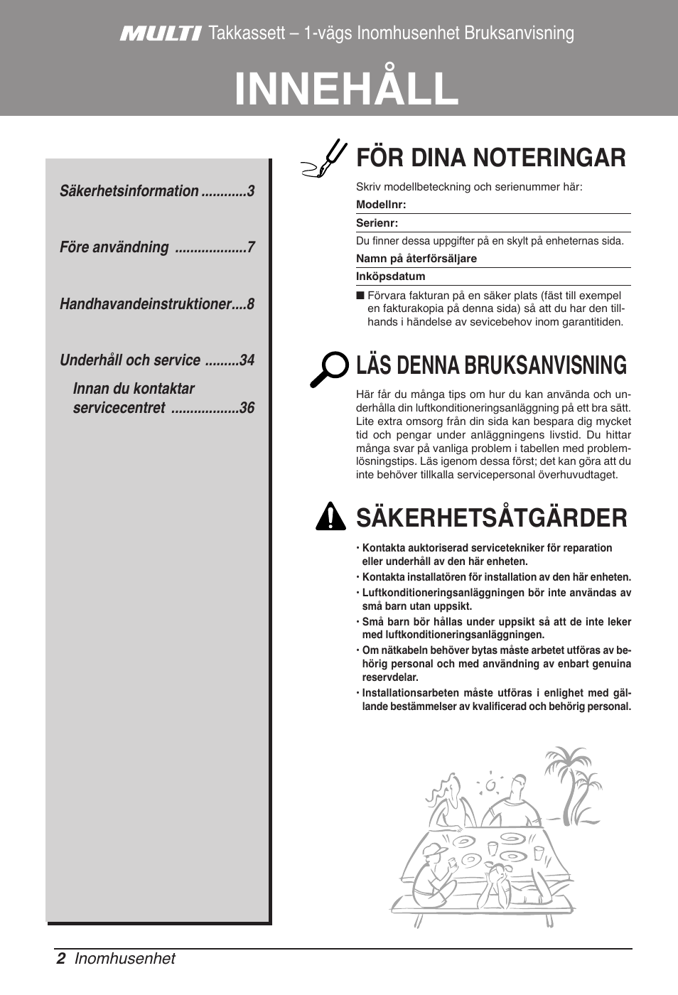 Innehåll, Läs denna bruksanvisning, Säkerhetsåtgärder | Takkassett – 1-vägs inomhusenhet bruksanvisning | LG MT11AH User Manual | Page 542 / 685