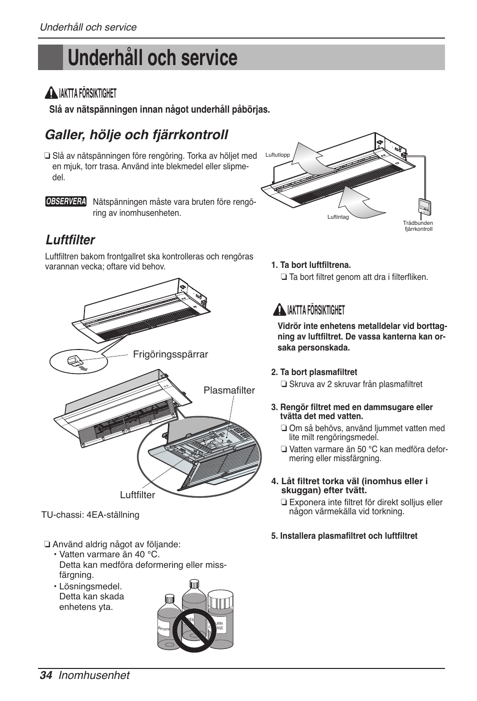 Underhåll och service, Galler, hölje och fjärrkontroll, Luftfilter | Iaktta försiktighet, 34 inomhusenhet | LG MT11AH User Manual | Page 574 / 685