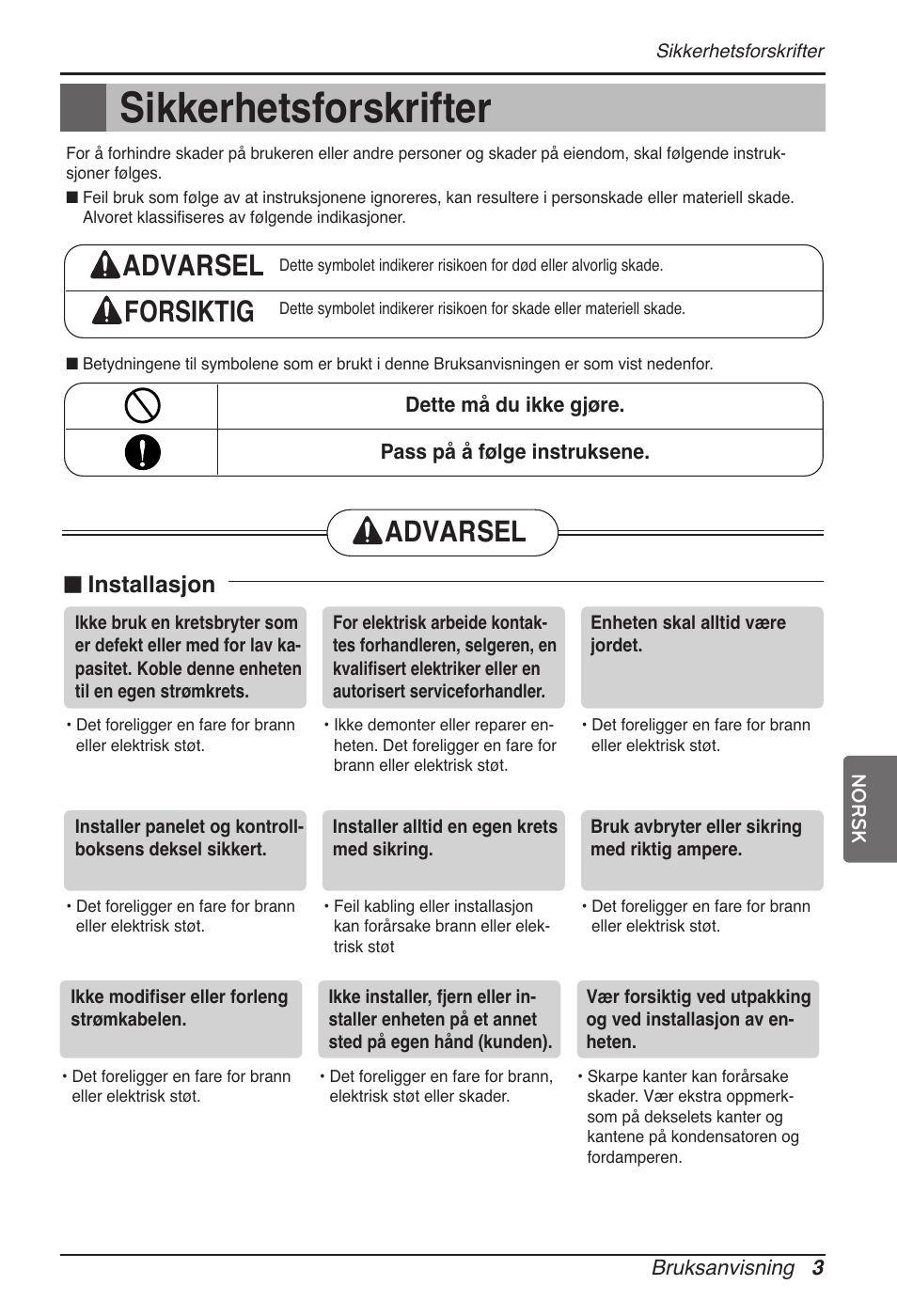 Sikkerhetsforskrifter, Advarsel forsiktig, Advarsel | Installasjon | LG MT11AH User Manual | Page 579 / 685