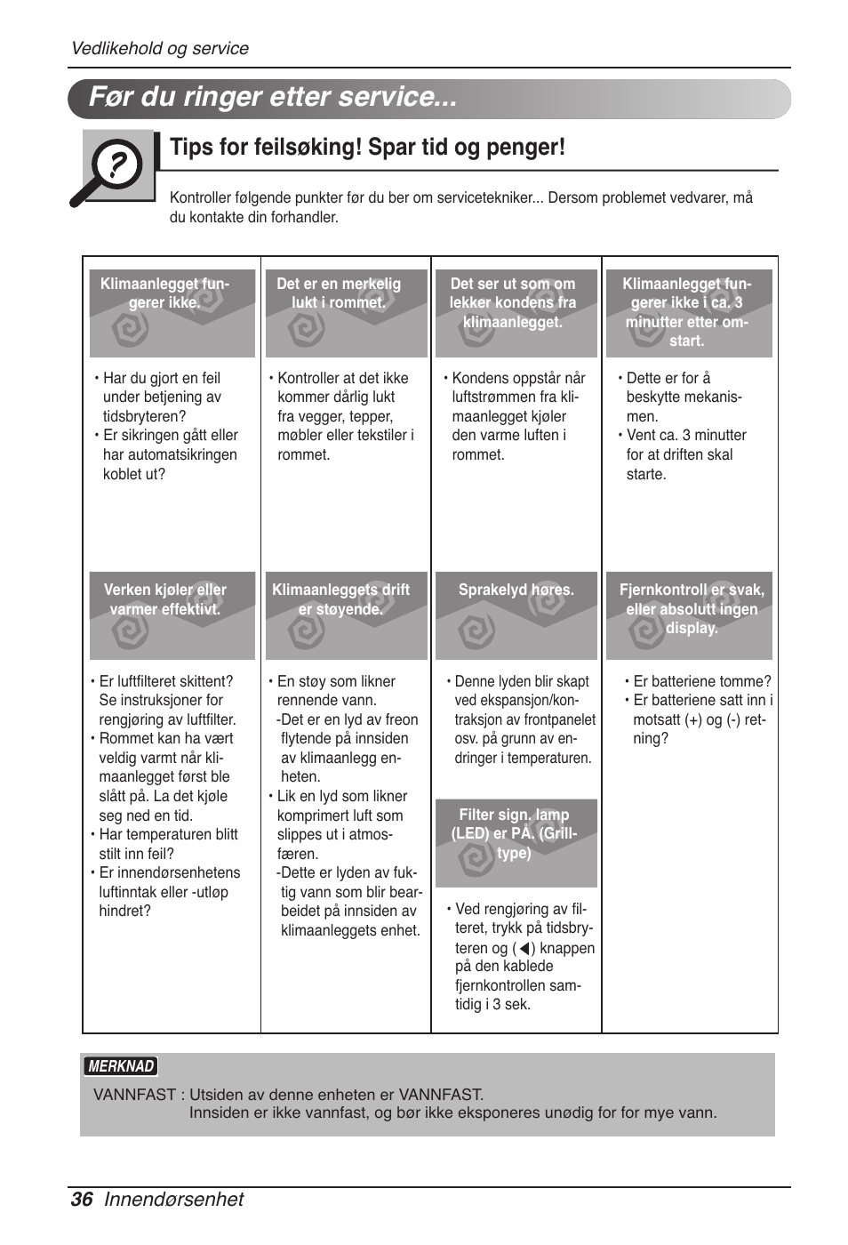 Før du ringer etter service, Tips for feilsøking! spar tid og penger, 36 innendørsenhet | LG MT11AH User Manual | Page 612 / 685