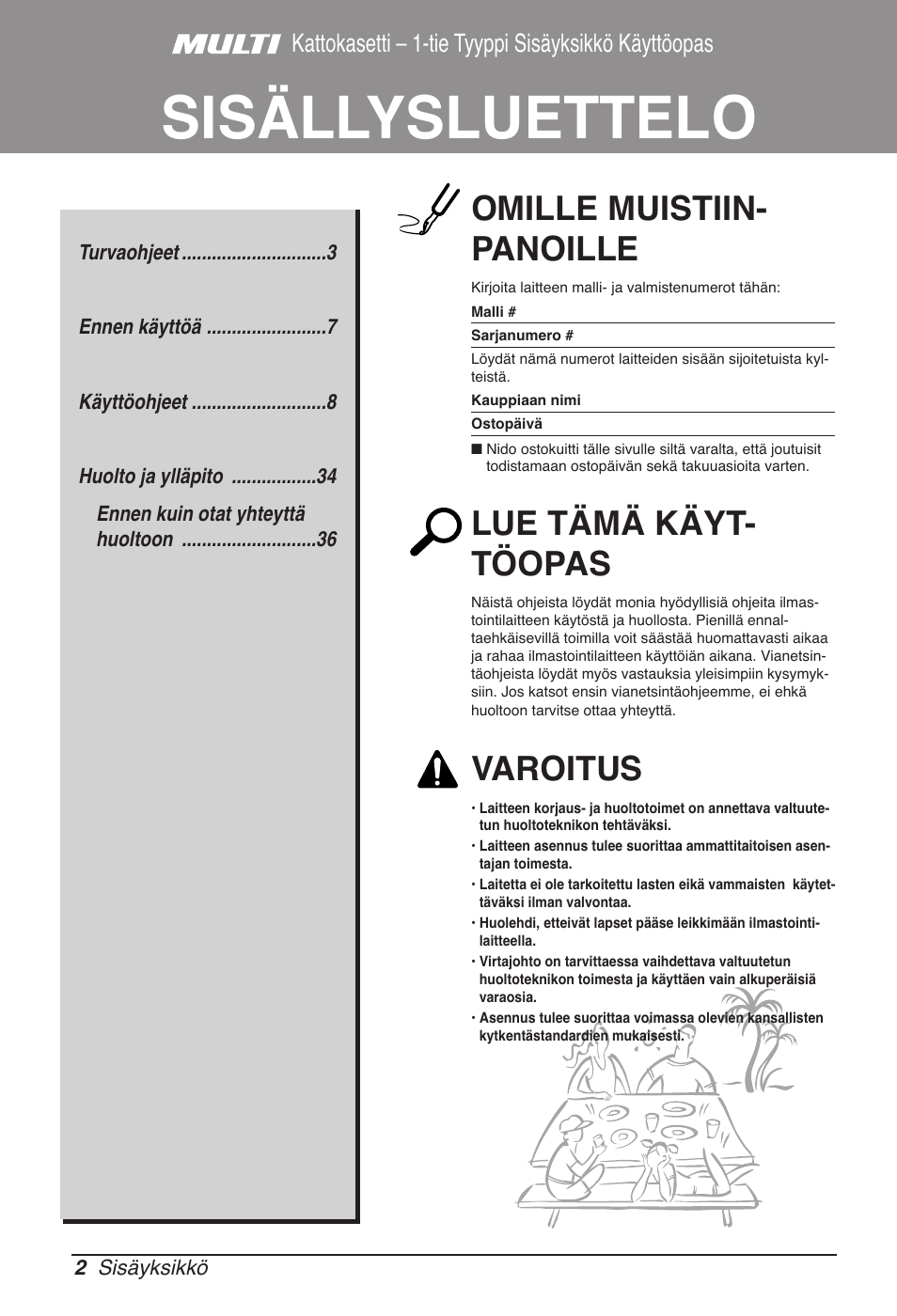 Sisällysluettelo, Omille muistiin- panoille, Lue tämä käyt- töopas | Varoitus, Kattokasetti – 1-tie tyyppi sisäyksikkö käyttöopas | LG MT11AH User Manual | Page 614 / 685