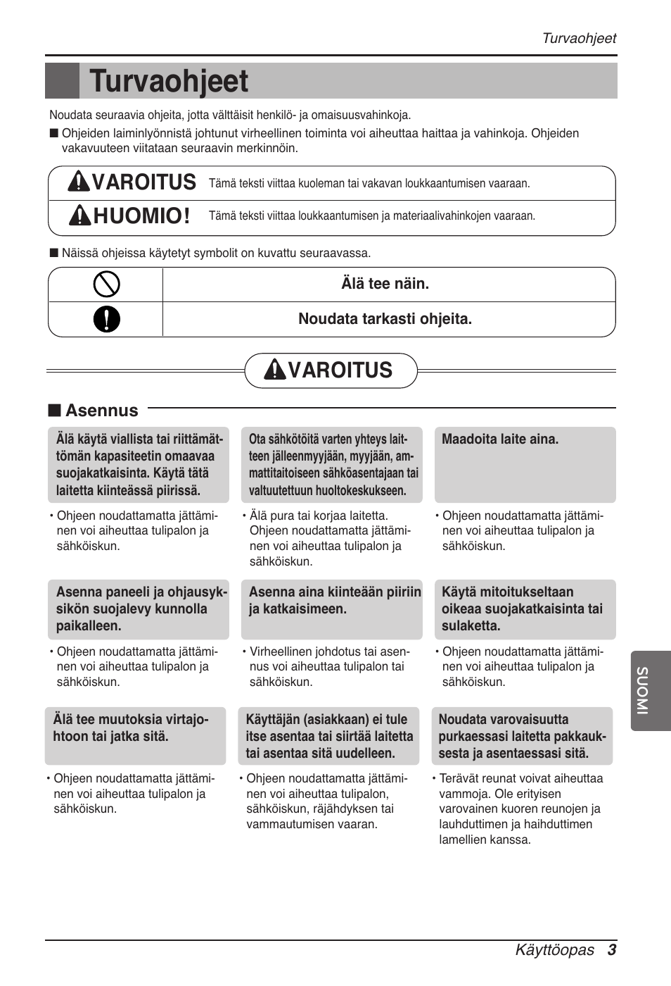 Turvaohjeet, Varoitus huomio, Varoitus | Asennus | LG MT11AH User Manual | Page 615 / 685