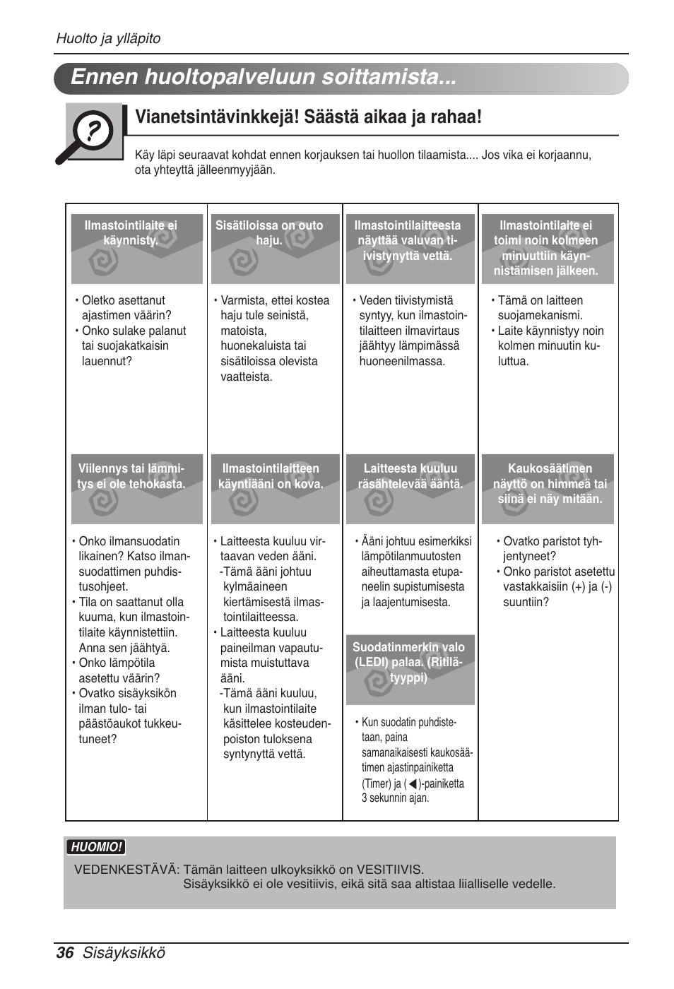 Ennen huoltopalveluun soittamista, Vianetsintävinkkejä! säästä aikaa ja rahaa, 36 sisäyksikkö | LG MT11AH User Manual | Page 648 / 685