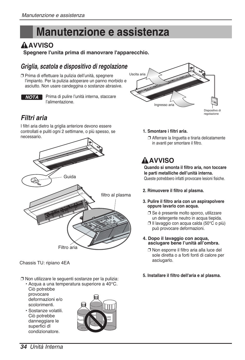 Manutenzione e assistenza, Filtri aria, Griglia, scatola e dispositivo di regolazione | Avviso, 34 unità interna | LG MT11AH User Manual | Page 70 / 685