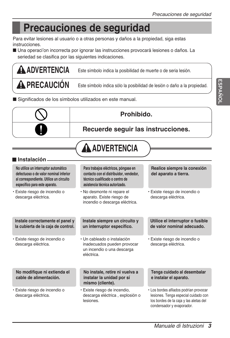 Precauciones de seguridad, Advertencia, Advertencia precaución | Prohibido. recuerde seguir las instrucciones | LG MT11AH User Manual | Page 75 / 685