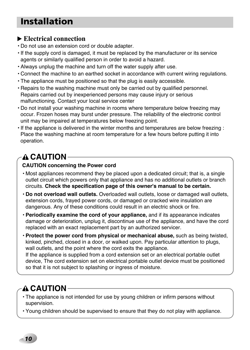 Installation, Caution, Electrical connection | LG F1480FD9 User Manual | Page 10 / 40