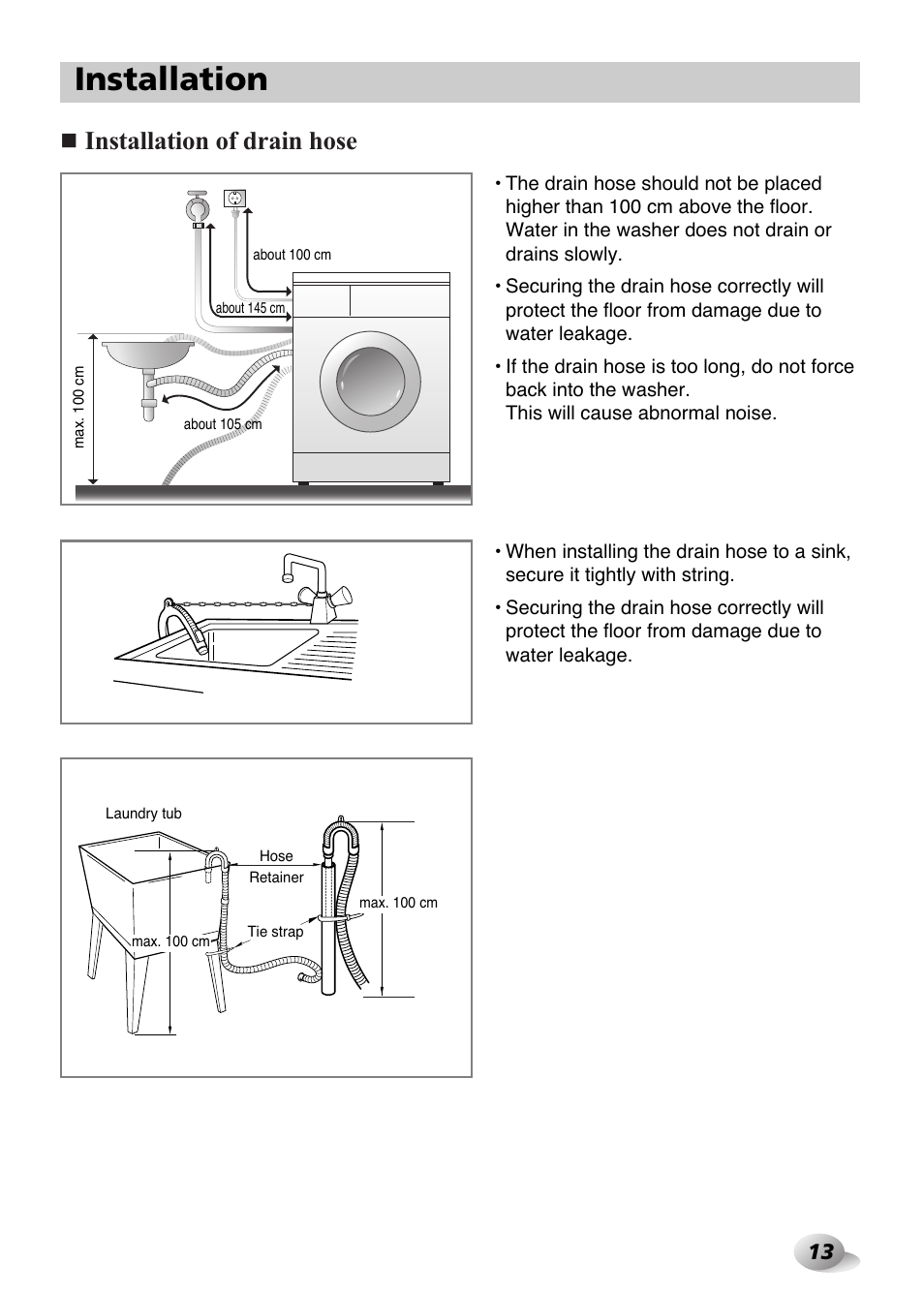 Installation, Installation of drain hose | LG F1480FD9 User Manual | Page 13 / 40