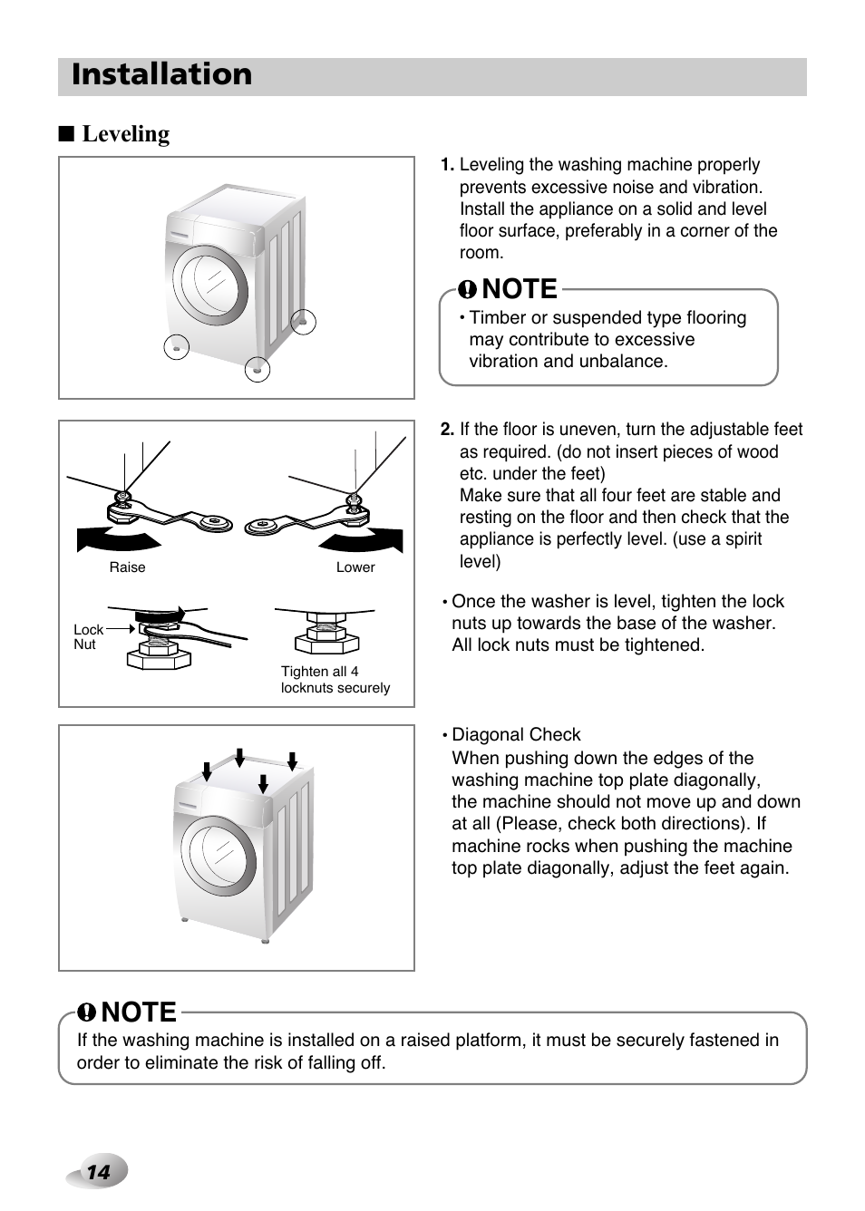 Installation, Leveling | LG F1480FD9 User Manual | Page 14 / 40