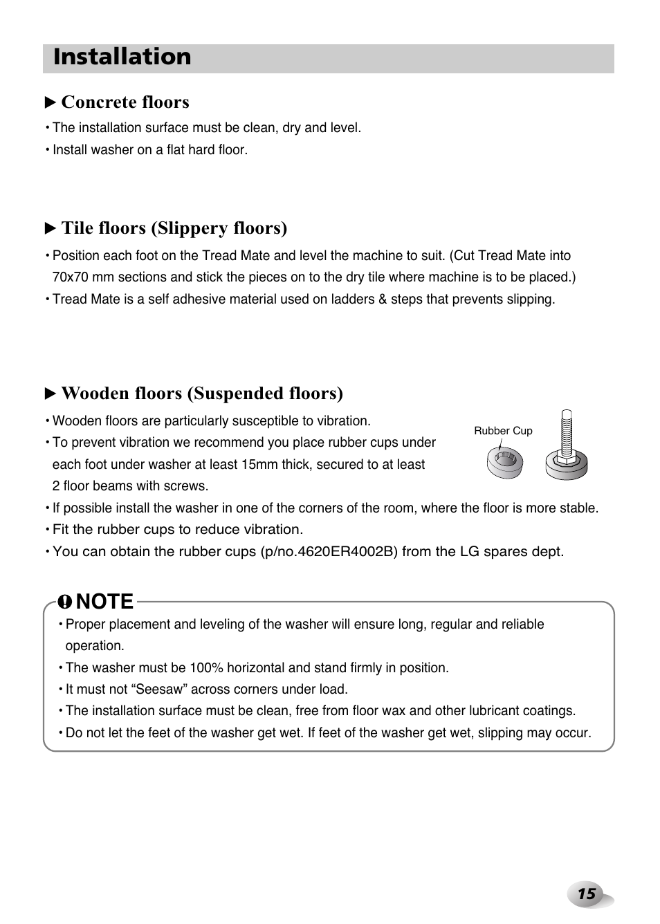 Installation, Tile floors (slippery floors) | LG F1480FD9 User Manual | Page 15 / 40