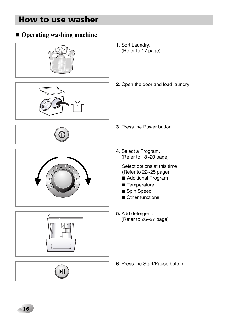 How to use washer, Operating washing machine | LG F1480FD9 User Manual | Page 16 / 40