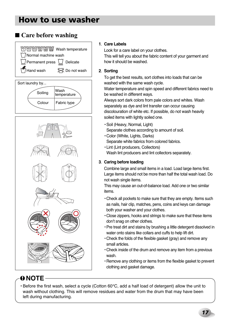 How to use washer, Care before washing | LG F1480FD9 User Manual | Page 17 / 40