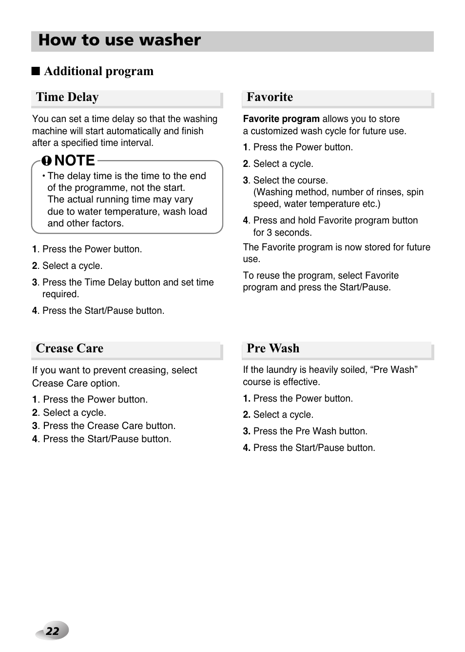 How to use washer, Pre wash time delay, Additional program | Favorite, Crease care | LG F1480FD9 User Manual | Page 22 / 40