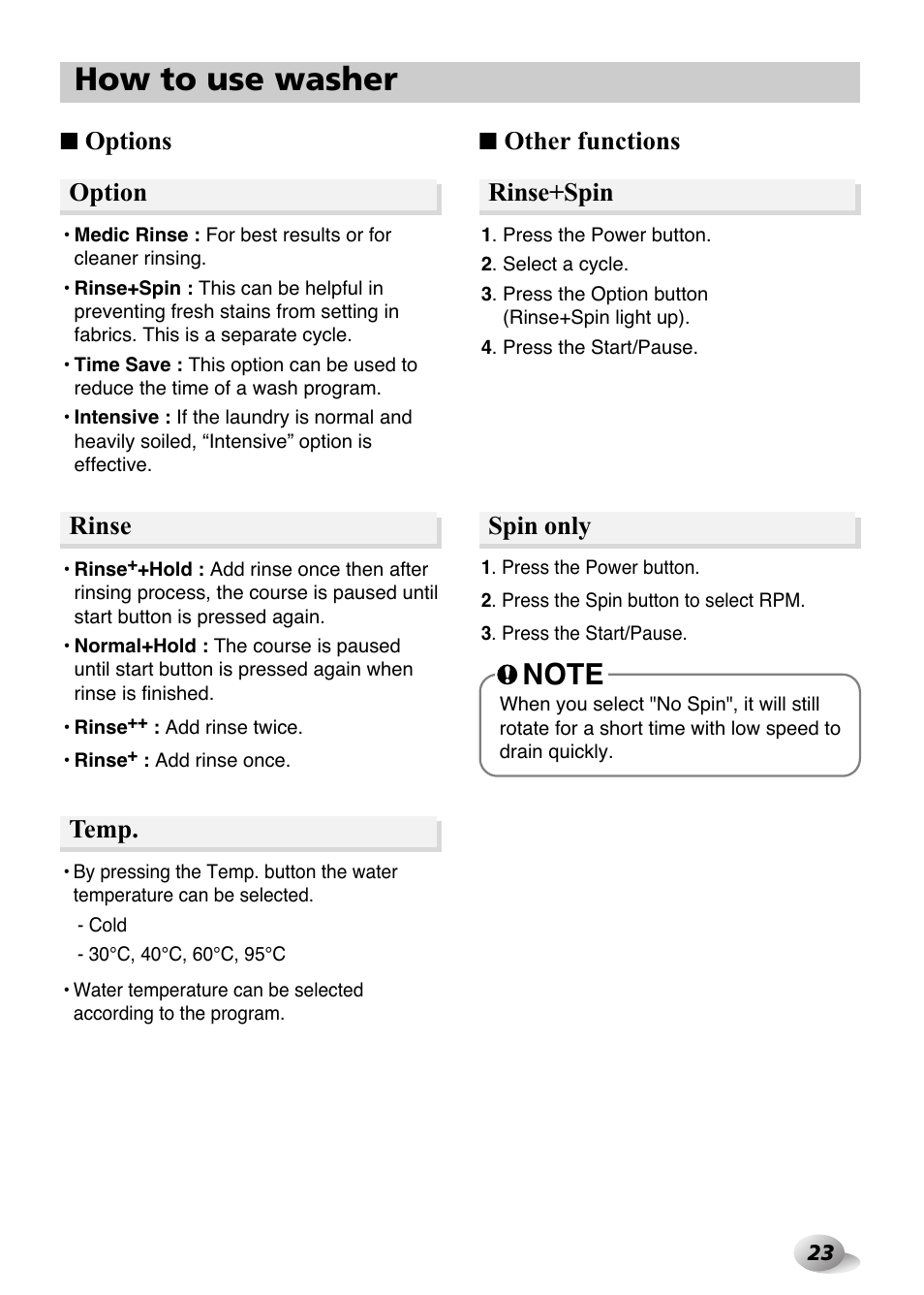 How to use washer, Spin only, Temp | Options, Other functions, Option, Rinse, Rinse+spin | LG F1480FD9 User Manual | Page 23 / 40