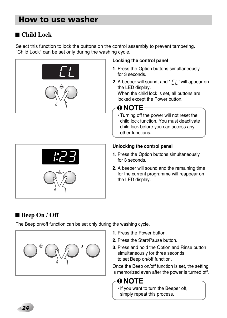How to use washer, Child lock, Beep on / off | LG F1480FD9 User Manual | Page 24 / 40