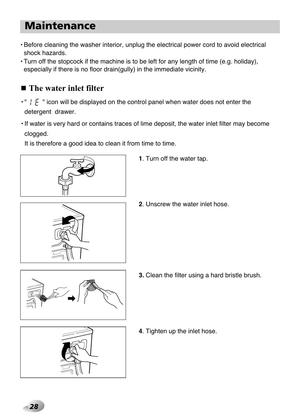 Maintenance, The water inlet filter | LG F1480FD9 User Manual | Page 28 / 40