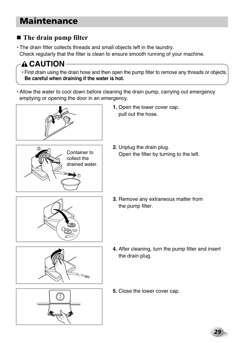 Maintenance, Caution, The drain pump filter | LG F1480FD9 User Manual | Page 29 / 40