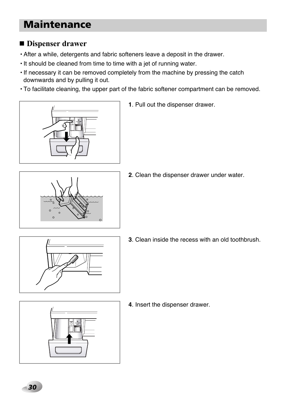 Maintenance, Dispenser drawer | LG F1480FD9 User Manual | Page 30 / 40