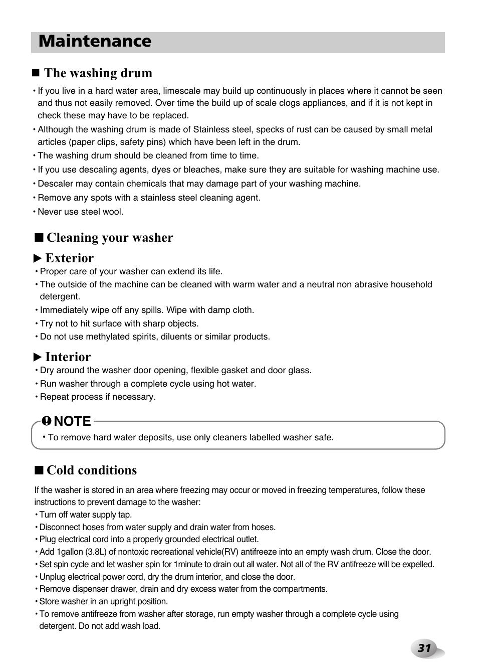 Maintenance, Cleaning your washer, Cold conditions the washing drum | Exterior, Interior | LG F1480FD9 User Manual | Page 31 / 40