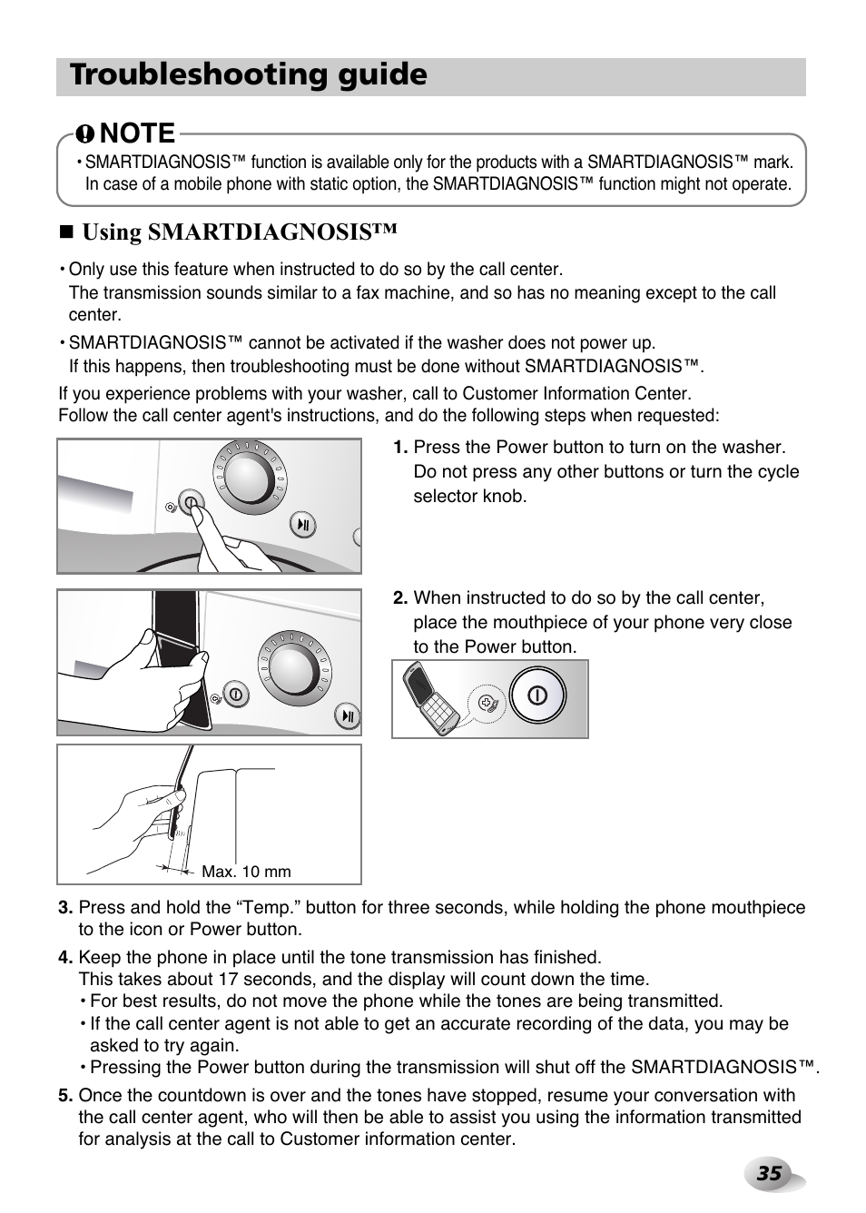 Troubleshooting guide, Using smartdiagnosis | LG F1480FD9 User Manual | Page 35 / 40