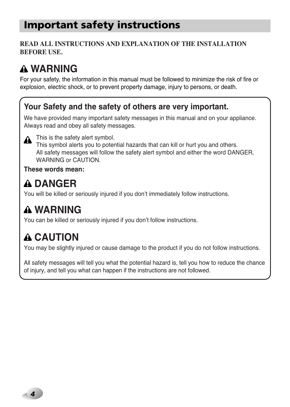 Important safety instructions, Warning, Caution | Danger | LG F1480FD9 User Manual | Page 4 / 40