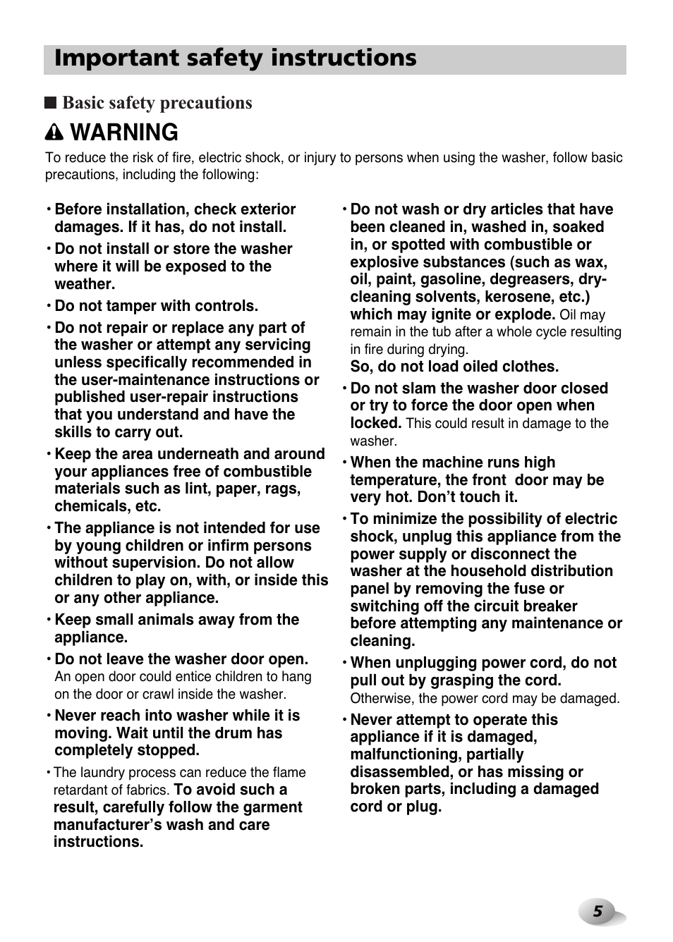 Important safety instructions, Warning, Basic safety precautions | LG F1480FD9 User Manual | Page 5 / 40