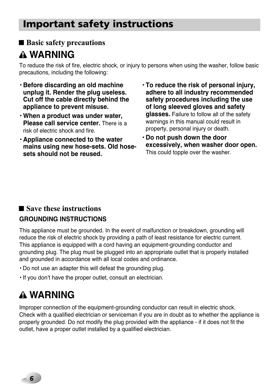 Important safety instructions, Warning | LG F1480FD9 User Manual | Page 6 / 40